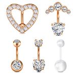 WillTen Reverse Heart Belly Button Bar Women 14G 10MM Stainless Steel Rose Gold Belly Bars Double Heart Clear Diamond CZ Navel Bananabells Bar