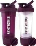 KICHLY Set of 2 Classic Protein Shaker Bottle (700 ml) with Protein Shaker Ball - Non-Leak Cap with Container for Protein Shakes – Perfect Fitness & Workout Partner (Plum & Clear)