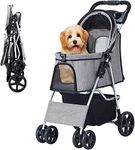 LPOTIUS Pet Stroller for Medium Small Dogs Cats, One-Hand Folding Portable Travel Cat Dog Stroller with Storage Basket and Cup Holder, 4 Wheels, Grey