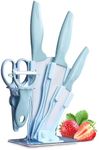 Kitchen Knife Set, 6 Pieces Ceramic Chef Knife Set with Acrylic Stand, Non-Stick Knife Block Set with Sharp Blades, Cooking Knife Set for Cutting Meat Vegetables Fruit (Blue)