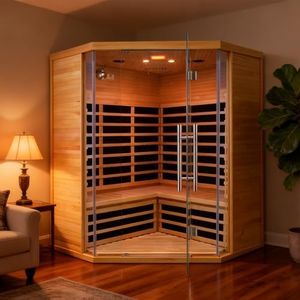 Homsido Corner Infrared Sauna for Small Spaces 3-4 Person Low EMF Home Sauna Indoor with 2880W Carbon Heating Panels, Hemlock Wood, Bluetooth Speaker & Chromotherapy Lights, 220V