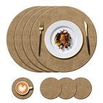 KERYCHIN 4 Round Leather Placemats(34cm) and 4 Coasters(10cm) Set, Heat-Resistant 212 °F Place mats, Non-Slip and Waterproof, PU Tablemats for Kitchen Indoor, Outdoor Glass Dining Table, (Beige)