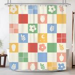 Newsely Retro Checkered Vintage Shower Curtain 60Wx72H Inch 70s Floral Flower Abstract Y2K Cute Modern Groovy Shower Curtain Bathroom Set Colorful Waterproof Bath Decoration Accessories Home Decor