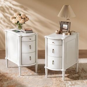 STO'SENSE Nightstand Set of 2 w/Charging Station & 3 Drawers, Pre-Assembled, Vintage Side Table w/Antique-Finished Pulls, Rustic Wood Finish, Narrow End Table w/Turned Legs for Bedroom, Ivory White