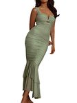 CHARTOU Women's Sleeveless Strappy Prom Party Evening Ruched Bodycon Mermaid Fishtail Maxi Dress, Sage Green, X-Small