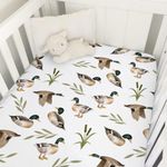 Vintage Mallard Duck Leaves Baby Crib Fitted Sheet 52''x28'' Duck Hunting Stretchy Fitted Crib Mattress Sheet for Boy Girl Wild Duck Soft Nursery Bed Sheet for Standard Crib and Toddler Mattress