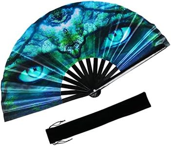 TAYUQEE Large Bamboo Rave Hand Fan for Women/Men Big Folding Decorative Fan with Velvet Bag, Colorful UV Glow Clack Fan for EDM, Music Festival - 13 Inch