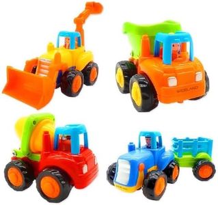 Friction Powered Cars Push and Go Toy Trucks Construction Vehicles Toys Set for 1-3 Year Old Baby Toddlers- Dump Truck Cement Mixer Bulldozer Tractor Early Educational Cartoon ( Set of 4)