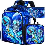 3PCS Boys Dinosaur Backpack, 16" Astronaut Kids Bookbag and Lunch Box, Water Resistant Preschool Backpacks for Elementary Students