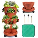 5 Tier Stackable Planter with Removable Wheels and Garden Tools, Garden Planting Tower Planters, Indoor Outdoor Gardening Pots, Vertical Garden Planter(Brick Red)