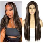 Sapphirewigs 13x6 Brown Highlight Straight Lace Front Wigs Long Straight Wig for Women Kanekalon Futura Synthetic Wig 150% Density Party Daily Wear Heat Resistant 26inch