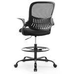 Sweetcrispy Tall Drafting Desk Chair - Ergonomic High Stool Computer with Adjustable Height and Comfy Lumbar Support, Office Rolling Counter for Standing Desk with Flip-up Arm and Footrest, Black