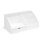 OSCO White High Gloss Desk Organiser | 7 Section | Pull Out Drawer | Desk Tidy | Stationery Storage | Makeup | Cosmetics | H12 x W25 x D13 cm