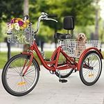 YITAHOME Tricycle, 24 Inch 3 Wheel Bikes, 7 Speed Trike Bike with Shimano Shifting for Adults with Removable Baskets, Cruiser Bike for Seniors Women Men Shopping Picnic Outdoor Sports, Red