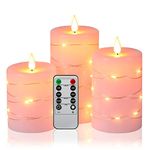 Flameless Candles 360 Degree Viewing Angle, with Starry String Lights, 3-Pack Fairy String Lights LED Candles, with 10-Key Remote Control, 24-Hour Timer Function, Dancing Flame, Real Wax(Rose).