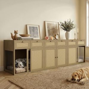 PureCozy 3-Piece Double Dog Crate Furniture, 120 Inch, Light Oak | Left and right kennels for 2 dogs plus center cane storage cabinet; metal sliding doors and 6 total drawers.