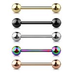 JEWEL BARREL Tongue Bars 5pc Set Straight Barbells Piercing 14G (1.6mm) Nipple Bar Jewellery 12mm 14mm 16mm Length with 4/5/6mm Balls (14)