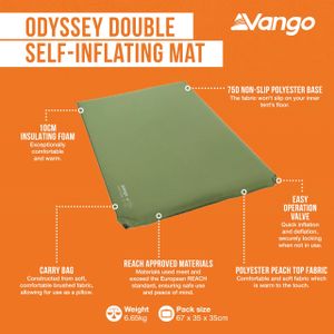 Vango Odyssey Double Self-Inflating Camping Mat, 10cm – Epsom Green