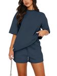 REORIA Women Cotton Short Sleeve Tracksuit Set Crew Neck Solid Color Shirt and Shorts with two Pockets two piece Outfit co ord Sets Navy Blue XL