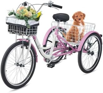 VIRIBUS Tricycle for Adults, 7 Speed 26 inch Adult Tricycles for Women Seniors with Front and Rear Removable Wheeled Baskets, 3 Wheel Bikes 400 lb. Capacity, Three Wheel Trike Lilac White