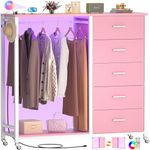 Cyclysio Dresser for Bedroom with Clothes Rack, 5 Drawers Dresser with Charging Station & LED Lights, Black Storage Chest of Drawers with Wheels, Wooden Top, Lockable Wheels, Bedroom, Closet, Pink