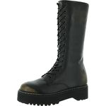 Steve Madden Benson Black Distressed Lace Up Moto Lug Sole Mid Calf Leather Boot (Black Distressed, 6.5)