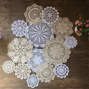 MINDPLUS Set of 14 Hand Crochet Doilies Cotton Crocheted Lace Doilies 4-10 Inches Round White Beige Vintage Wedding Tea Party