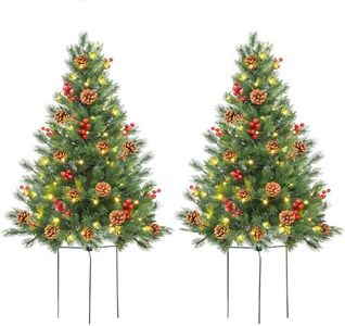 ENVEN 24 Inch Outdoor Christmas Tree 2 Set, Pre-lit Mini Flocked Christmas Tree Artificial Pathway Xmas Tree 50 LED with Red Berries, Pine Cones for Porch Holiday Decor
