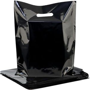 POPGIFTU Black Plastic Shopping Bags with Die-Cut Handles 100 Pack - 12x15 Inches, 1.75 Mil Thick Retail Merchandise Bags Bulk for Small Business, Store, Party Favors, Trade Show & Gift Packaging