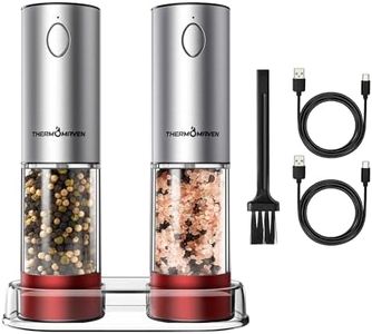 ThermoMaven Electric Salt and Pepper Grinder Set, 110ml Larger Rechargeable Automatic Salt and Pepper Mill Grinder with 6 Adjustable Coarseness, Electric Salt and Pepper Shakers, LED, 2 Packs, Red