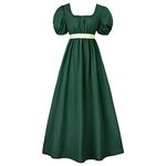 FRIUSATE Green Regency Dress, Renaissance Dress, Regency Dresses for Women Costume with Sash Empire Waist Ruffled Puff Sleeve Floor Length Dress for Parties(L Dark Green)