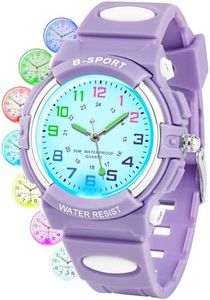 DTKID 7 Colorful Lights Children's Watch Boys Girls, Kids 30 M Waterproof Analog Watch Soft Rubber Band Easy to Read Dial Time Lessons Wristwatch Child 5-18 Years Old(Purple)