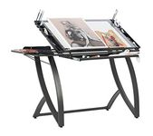 SD STUDIO DESIGNS Futura Luxe Drawing, Drafting, Craft Table with Drawer, 35" Wide Angle Adjustable Top and Side Shelf, Pewter Grey/Clear Glass