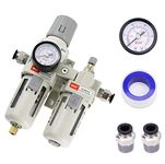 RIH Pneumatics Compressed Air Filter Regulator Lubricator Combo Water/Oil Trap Separator - Gauge(0-150 psi), Semi-Auto Drain, Poly Bowl,Bracket - 3 in 1 Two Unit (3/8" NPT)