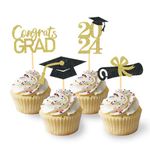 24Pcs Graduation Cupcake Toppers, Graduation Cupcake Picks for Cupcake Food Decorations - Class of 2024 Graduation Cupcake Toppers Supplies (Gold)