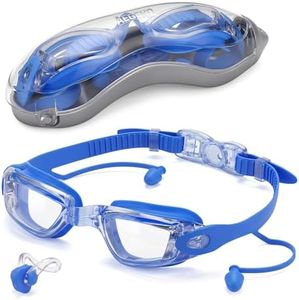 Aegend Swim Goggles, Swimming Goggles No Leaking Full Protection Adult Men Women Youth (Blue/Transparent with earbuds)