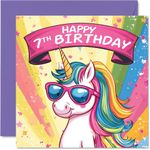 7th Birthday Card - Cool Unicorn Sunglasses - Unicorn Birthday Card for 7 Year Old Girl, Age 7 Birthday Cards Seventh Birthday Card, 145mm x 145mm Cute Greeting Card