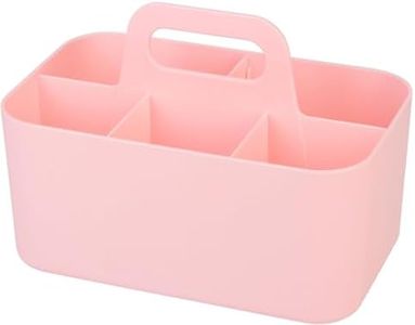 Multiuse Caddy Organizer with Handle - Stackable Plastic Bin Basket - Divided Storage Tote Holder for Art Craft Supplies, Makeup, Bathroom, Shower, Cleaning, Kitchen, Office, Dorm, Desktop - Pink