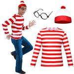 Waldo Costume Red and White Striped Long Sleeve Shirt with Hat Stockings for Women,Halloween Costume for Women (Men, M)