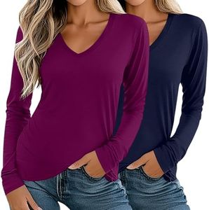Ficerd 2 Pack Women's V Neck T Shirts, Long Sleeves Tunic Tops Causal Summer Basic Shirts Solid Hem Tee Blouses, Navy Blue, Fuchsia, Medium