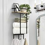 Luxspire Towel Racks for Bathroom Wall Mounted, Metal Towel Holder with Wooden Floating Shelf & 3 Hooks, Rolled Bath Towel and Hand Towel Storage for Bathroom, Bathroom Wall Organizer, Black + Wood