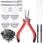 Hair Extensions Tools Kit, 200 pcs Hair Extension Silicone Nano Beads Rings 1 Pc Hair Extension Pliers 2 Pcs Pulling Needle Loop Needle Threader and Hair Clip for Hair Extensions