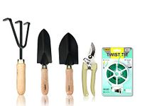 hiltree 5 Piece Gardening Tools Set –Carbon Steel Heavy Duty Hand rake , Hand Transplanter , Hand Trowel ,Stainless Steel Pruning Scissors and one Twist Tie .Garden Tool kit for Gardening.