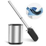 COSICOSY Toilet Brush, Stainless Steel Silicone Toilet Brush and Holder Flexible Soft Silicone Toilet Brush for Deep Cleaning with Long Handle Wall Mounted Silver