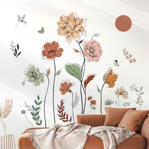 decalmile Stickers Muraux Fleur de Jardin Boho Autocollant Mural Floral Plante Bohème Décoration Murale Chambre Enfants Bébé Salon TV Mur