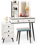 Giantex Vanity Set with Lighted Mirror, Makeup Table with 3-Color Dimmable LED Lights, 5 Drawers, Storage Shelves, Cushioned Stool and Charging Station, Dressing Desk Set for Bedroom