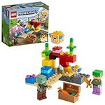 LEGO 21164 Minecraft The Coral Reef Building Toy with Alex, 2 Brick-Build Puffer Fish and Drowned Zombie Figures, Gifts for Kids, Boys & Girls