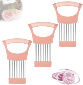 Onion Holder for Slicing, Upgraded Stainless Steel Onion Slice Holder Lemon Slicer Vegetable Cutter, Kitchen Chopper Slicing Assistant Tool for Meat, Onion, Potato, Tomato (Pink, 3pcs)