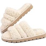 LongBay Women's Fluffy Slippers Curly Fur Memory Foam Open Toe Sliders Faux Fur Cozy Lining With Rubber Sole (Beige 5/6UK)