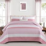 Dinjoy Pink Striped King Size Quilt Set,Boho King Quilt Bedding Set Lightweight Fall Bedspreads Micofiber 3 Pieces Farmhouse Quilts Blush and White Coverlet Bed Sets for Girls All Season